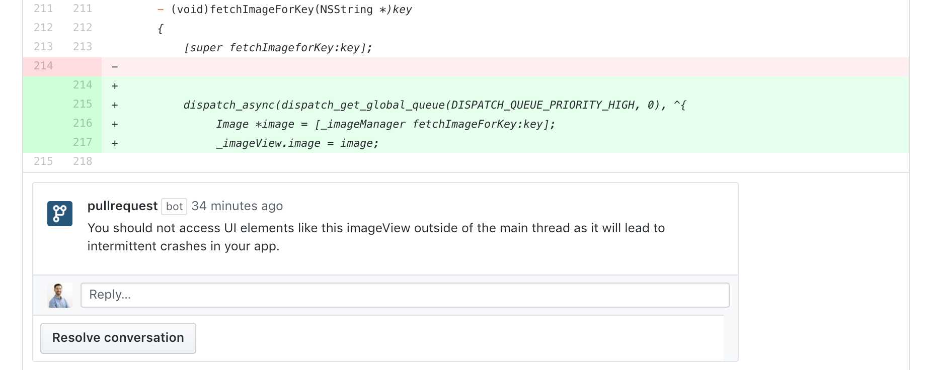 An inline code review comment on a GitHub pull request